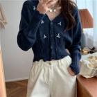 Embroidered Lettuce Edge Cropped Knit Cardigan