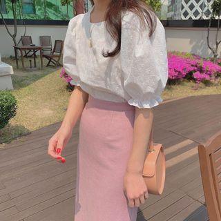 Puff-sleeve Eyelet Lace Blouse / Drawstring Midi Pencil Skirt