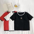 Color-block Picture Embroidered Crewneck Short-sleeve Top