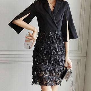 Mock Two-piece Elbow-sleeve Sequined Fringe A-line Dress