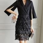 Mock Two-piece Elbow-sleeve Sequined Fringe A-line Dress