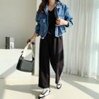 High-neck Frayed Denim Jacket Blue - One Size