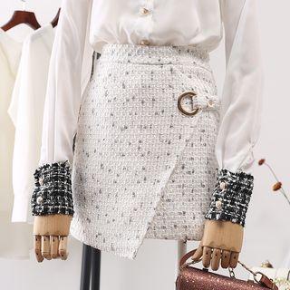 Tweed Asymmetric Hem Buckled Mini A-line Skirt