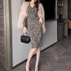 Long-sleeve V-neck Leopard Print Sheath Dress
