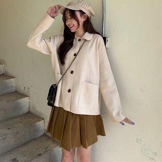 Plain Button Cardigan / Pleated Skirt
