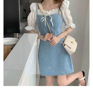 Spaghetti Strap Embroidered Mini A-line Denim Dress / Skirt