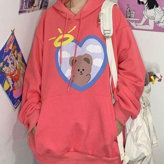 Cartoon Bear Front Pocket Hooded Sweatshirt Watermelon Red - One Size