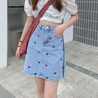 Heart Print Denim Mini A-line Skirt