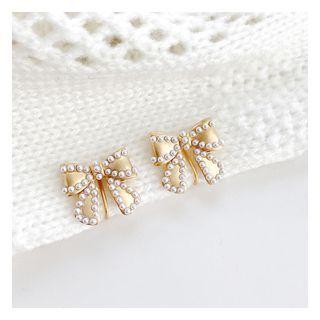 Bow Faux Pearl Alloy Earring 1 Pair - Clip On Earrings - Gold - One Size