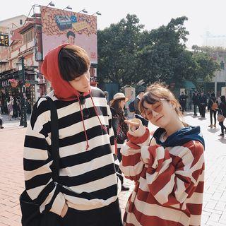 Couple's Matching Stripe Panel Hooded Pullover