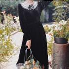 Long-sleeve Lace Collar Midi A-line Velvet Dress