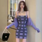 Set: Spaghetti-strap Plaid Mini Bodycon Dress + Cardigan