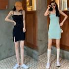 Tie-shoulder Mini Split Sheath Dress
