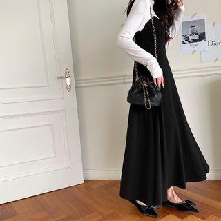 Turtle-neck Color-block Maxi Flare Dress