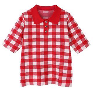 Checked Collared Short-sleeve Knit Top