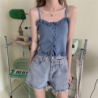 Plain Ruffle Lace-up Cropped Tank Top