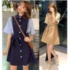 Mock Two-piece Tie-waist Elbow-sleeve Dress