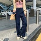 One-shoulder Cropped Tank Top / Open Front Cardigan / Straight-fit Jeans