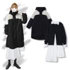 Two-tone Hooded Midi Padded Coat / Long-sleeve Mock Two-piece Asymmetrical Shift Dress