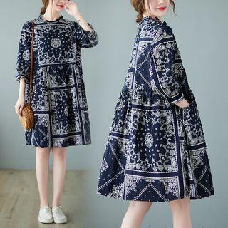 Puff-sleeve Patterned A-line Dress Blue - One Size