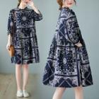 Puff-sleeve Patterned A-line Dress Blue - One Size