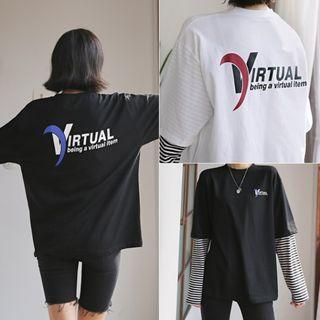 Inset Stripe-sleeve Printed T-shirt