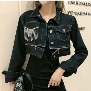 Spaghetti Strap Plain Mini Dress / Cropped Denim Jacket