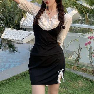 V-neck Lace Panel Blouse / Spaghetti Strap Mini Bodycon Dress