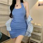 Long-sleeve Check Loose-fit Shirt / Plain Slim-fit Mini Tank Dress