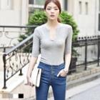 Open-placket Elbow-sleeve Top