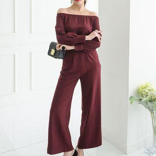 Set: Off Shoulder Long-sleeve Top + Wide Leg Pants