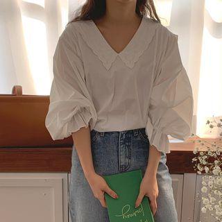 Puff-sleeve Collared Plain Blouse White - One Size