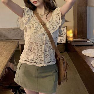 Cap-sleeve Knit Lace Top