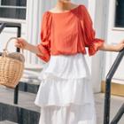 Elbow-sleeve Ruffled Top Red - One Size