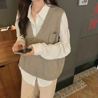 Plain Long-sleeve Loose-fit Shirt / V-neck Knit Vest / Loose-fit Pants