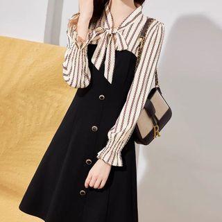 Mock Two-piece Striped Panel Midi A-line Dress