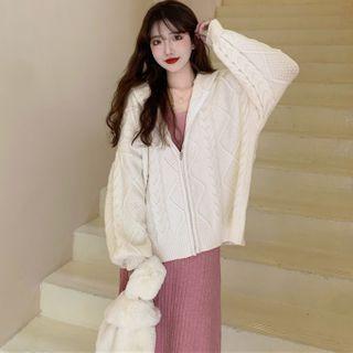 Hooded Cable-knit Zip Cardigan / Sleeveless Knit Dress
