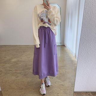Printed Sweatshirt / Drawstring Midi A-line Skirt