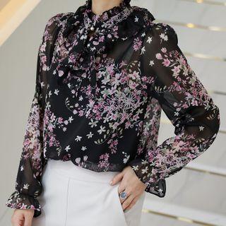 Frilled-neck Floral Chiffon Blouse