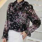 Frilled-neck Floral Chiffon Blouse