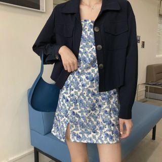 Long-sleeve Cargo Jacket / Floral Printed Spaghetti Strap Mini Dress