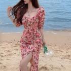Elbow-sleeve Floral Print Ruched Midi Sheath Dress