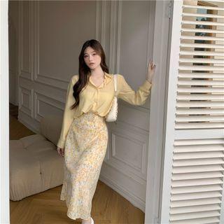 Long-sleeve Plain Shirt / Floral Print Midi A-line Skirt