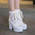 Chunky Heel Lace-up Quilted Short Boots