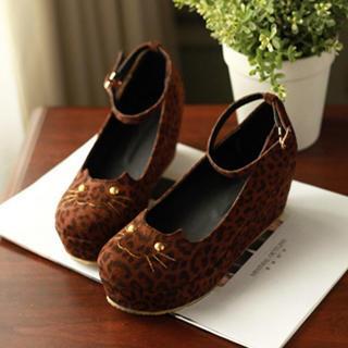 Leopard Pattern Cat Embroidered Wedge Pumps