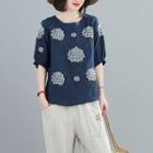 Embroidered Semi-sleeve Round Neck T-shirt
