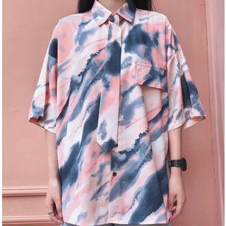 Printed Elbow-sleeve Shirt With Tie