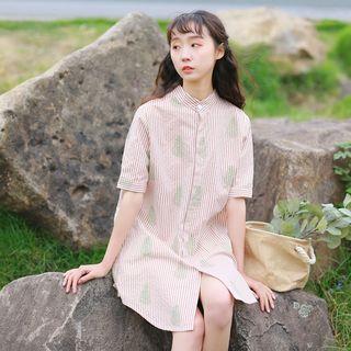 Elbow-sleeve Leaf Print Striped Long Shirt