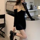 Long-sleeve Off-shoulder Bow Mini Sheath Dress Black - One Size