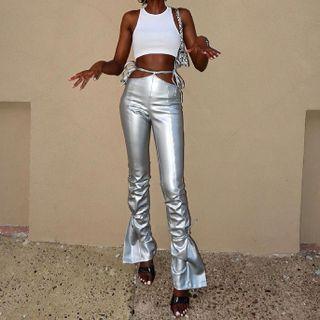 Plain High-waist Cut-out Pants